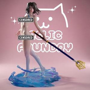 May include: A standing anime-style figurine with short dark hair, holding a long staff with a gold-colored ornate tip. The figure stands on a translucent blue water-like base. Two black rectangular bars with the word CENSORED cover the torso.