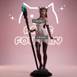 May include: A fantasy figurine of a horned elf-like character with long hair, wearing dark thigh-high boots and arm warmers. The character holds a tall staff topped with a teal crystal. The figure stands on a dark base with censored text overlays.