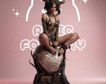 May include: A detailed figurine of a horned character with dark hair, wearing a metallic gold and black bodysuit, sitting atop a large, etched stone sphere supported by dark, gnarled roots. The background features a white cat-ear logo and the text "ADIC FORY".