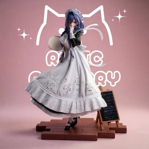 May include: A collectible anime-style figurine of a character with purple hair wearing a white maid dress with lace floral embroidery, a black long-sleeved top, and a white headpiece. The figure stands on a brown brick-like base next to a small chalkboard.
