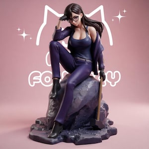 May include: A collectible figurine of a long-haired character wearing glasses, a dark purple tank top, matching trousers, and a jacket draped over the shoulders. The character sits on a textured rock, holding a hammer, with a cat outline logo.
