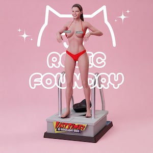 May include: A female figurine wearing a red bikini standing on a grey pool ladder base with a Fast Times at Ridgemont High sign. The figure has brown hair and is positioned on a platform with silver railings. The background features white line art.