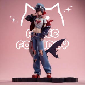 May include: A collectible anime-style figurine of a character wearing a blue beret, sunglasses, a white cropped top with red text, a dark jacket, and distressed blue jeans. The figure features a shark-like tail, red platform sandals, and headphones around the neck, standing on a black base against a pink background with white cat-shaped line art and the text "ACIC FOUNDRY".