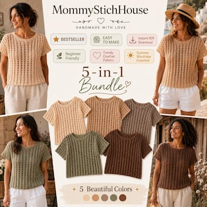May include: A 5-in-1 crochet pattern bundle for a short-sleeved top by MommyStichHouse. The image displays five variations of the top in beige, tan, brown, olive green, and dark brown, alongside text labels for a digital PDF download.