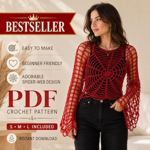 May include: A red long-sleeve crochet top featuring a spider-web pattern. The image includes text: BESTSELLER, EASY TO MAKE, BEGINNER FRIENDLY, ADORABLE SPIDER-WEB DESIGN, PDF CROCHET PATTERN, S M L INCLUDED, and INSTANT DOWNLOAD. The top is worn over a black shirt.