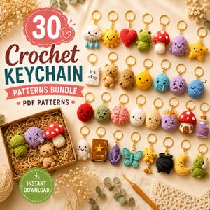 Paket med 30 virkade nyckelringsmönster, Amigurumi-djur Kawaii PDF (direktnedladdning)