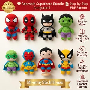 Può includere: Una collezione di otto bambole amigurumi all'uncinetto raffiguranti supereroi con schemi di colori e costumi distinti. Il set include figure che ricordano Spider-Man, Deadpool, Batman, Hulk, Green Lantern, Vision, Superman e Wolverine.