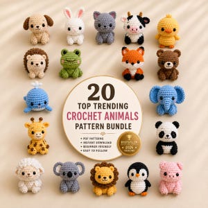 Puede incluir: Una colección de 20 pequeñas figuras de animales de ganchillo que incluyen perro, conejo, gato, vaca, pollito, erizo, rana, zorro, oso, ballena, elefante, jirafa, panda, oveja, koala, león, pingüino y cerdo, alrededor de un cartel 20 TOP TRENDING CROCHET ANIMALS.