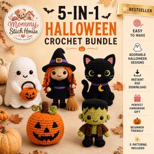 May include: A 5-in-1 Halloween crochet pattern bundle featuring five handmade figures: a white ghost holding an orange pumpkin bucket, a witch with orange hair, a black cat with a crescent moon collar, a jack-o'-lantern, and a green monster figure.