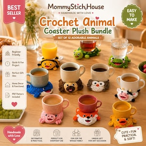 May include: A set of twelve crocheted animal coasters featuring various designs including a bee, turtle, frog, whale, pug, owl, cow, pig, fox, and duck. Each coaster supports a ceramic mug or glass filled with beverages on a wooden surface.