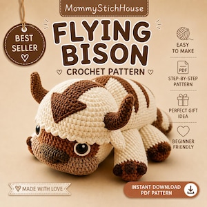 May include: A crochet pattern for a Flying Bison by MommyStichHouse. The image features a cream and brown stuffed bison toy with a dark brown arrow on its head. Text includes BEST SELLER, FLYING BISON CROCHET PATTERN, and MADE WITH LOVE.
