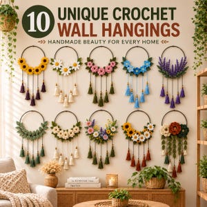 Könnte beinhalten: Zehn kreisförmige Wandbehänge mit gehäkelten Blumenarrangements auf schwarzen Metallringen. Jedes Stück enthält hängende Schnüre mit Holzperlen und Stoffquasten. Der Text 10 UNIQUE CROCHET WALL HANGINGS HANDMADE BEAUTY FOR EVERY HOME ist über den Objekten zu sehen.