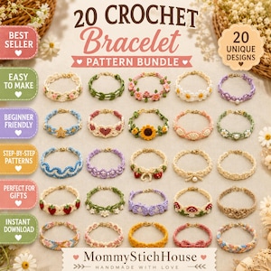 May include: A digital pattern bundle titled 20 CROCHET Bracelet Pattern Bundle featuring twenty distinct crochet bracelet designs. The collection includes various floral, fruit, heart, and geometric motifs in multiple colors, presented as a grid.