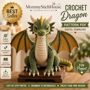 Virkmönster för drakar i PDF-format Amigurumi Fantasy Plush DIY Digital nedladdningsbar handledning