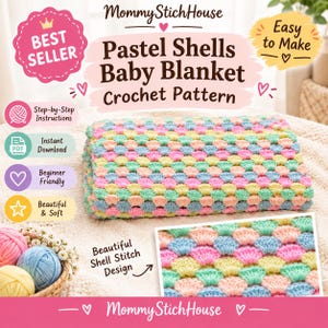 Può includere: Uno schema all'uncinetto per una coperta da neonato intitolato Pastel Shells Baby Blanket di MommyStichHouse. La coperta presenta un motivo a punto conchiglia ripetuto in rosa, giallo, blu e verde pastello. Include istruzioni passo dopo passo.