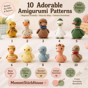 May include: A digital PDF pattern document titled 10 Adorable Amigurumi Patterns by MommtStichHouse, featuring ten crocheted duck figures in various colors and styles, numbered one through ten, displayed in two rows against a light background.