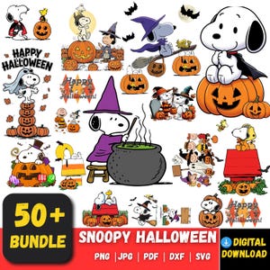 Pode incluir: Uma coleção digital de ilustrações do Snoopy para o Halloween com várias cenas de abóboras, chapéus de bruxa, capas e caldeirões. Os gráficos incluem texto como Happy Halloween e 50+ BUNDLE SNOOPY HALLOWEEN PNG JPG PDF DXF SVG.