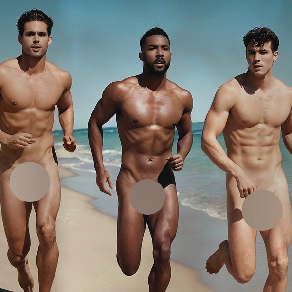 Nude Men in Full Frontal Nudity, Big Penises on Handsome Hung Men Running Naked Down Beach, Muscular Nude Bodybuilders, Hot Male Nude Photo