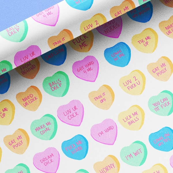 DIRTY Valentine Funny Wrapping Paper with Sexy Candy Conversation Hearts, Gift Wrap for Boyfriends, Husbands, or Hookups, Etc.