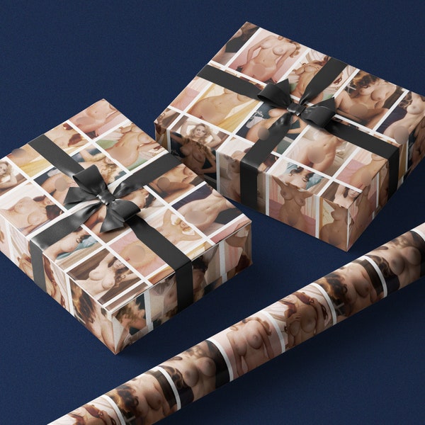 Funny Wrapping Paper in 70s Porn Pattern with Nude Photo, Vintage Erotic Gift Wrap With Full Frontal Nudity, Adult Content