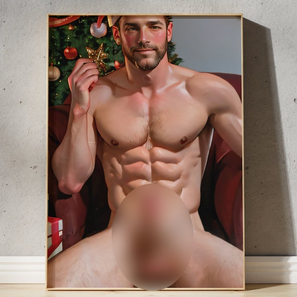 Male Nude Pinup Photo Print of a Sexy Santa at Christmas, A Young Version of St. Nick With Full Frontal Nudity and Impressive Erection