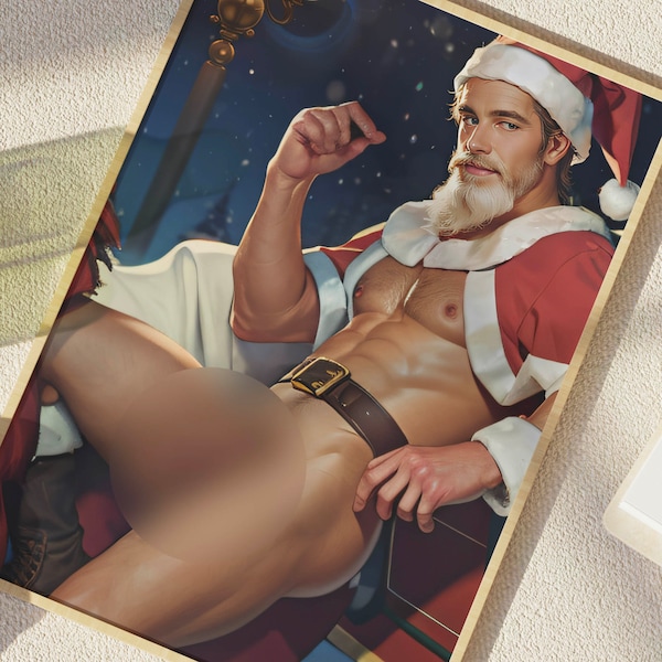 Nude Male Pinup of a Sexy Santa Delivering Gifts in His Sleigh, Erotic Homage to the Holidays With Full Frontal Nudity and Young St. Nick