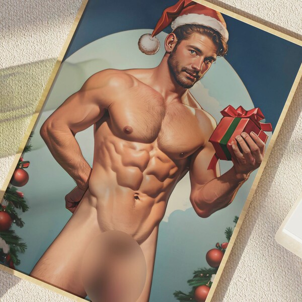 Sexy Santa Pinup Art Print, A Classic Full Frontal Nudity Illustration of Naked and Rugged St. Nick at Christmas with Retro Gay Porn Vibe