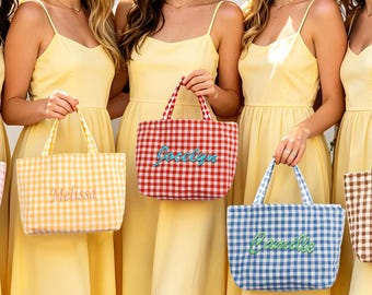 Custom Name Embroidered Pastel Gingham Tote Bag, Rustic Spring Wedding Gifts for Bridesmaids