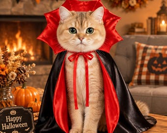 Customized Embroidered Pet Vampire Cloak, Spooky Soft Halloween Costume for Cats, Halloween Party, Cosplay
