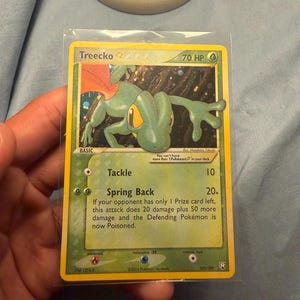 Puede incluir: Una carta coleccionable de Treecko con 70 HP, que muestra una ilustración de una criatura verde similar a un lagarto, los ataques Tackle y Spring Back, y el texto 2004 Pokémon/Nintendo, 109/109 y ZFW-121-K#, dentro de una funda protectora transparente.