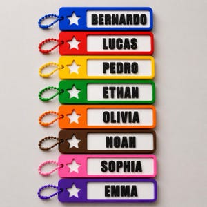 Pode incluir: Um conjunto de oito porta-chaves retangulares de plástico em azul, vermelho, amarelo, verde, laranja, castanho, rosa e roxo. Cada um apresenta um recorte em forma de estrela e uma inserção branca com um nome a preto: Bernardo, Lucas, Pedro, Ethan, Olivia, Noah, Sophia, Emma.