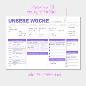Peut inclure: Un modèle de planning hebdomadaire intitulé UNSERE WOCHE avec des en-têtes et du texte violets. Il comprend des sections pour les emplois du temps, les repas, les routines, les priorités, les tâches, la charge mentale, les courses et la gratitude.