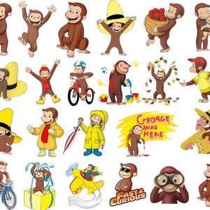 Könnte beinhalten: Eine Sammlung von Illustrationen, die Curious George in verschiedenen Posen und Aktivitäten zeigen, darunter beim Fahrradfahren, mit gelbem Hut, beim Bananenessen, Malen und Fliegen eines gelben Flugzeugs, mit dem Text George Was Here und Fast & Curious.