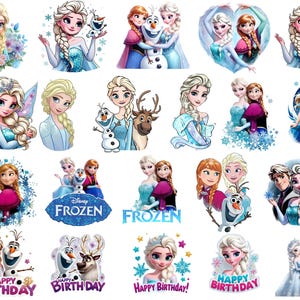 以下が含まれることがあります： ディズニーの「アナと雪の女王」シリーズのキャラクター、エルサ、アナ、オラフ、スヴェンなどが描かれたデジタルステッカーのコレクション。雪の結晶や花のアクセント、FrozenやHappy Birthdayの文字が添えられた様々なシーンのイラスト。