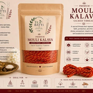 May include: A brown paper pouch of Premium Mouli Kalava sacred thread with a clear window showing red and yellow twisted cord. The label features the Tea Batti Co. logo, text describing the thread for rituals, and icons for natural ingredients.