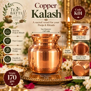 Puede incluir: Un recipiente kalash de cobre pulido con boca ancha, acabado liso y base resistente. El recipiente tiene un diámetro superior de aproximadamente 6,5 cm, una altura de aproximadamente 6,5 cm, un diámetro de base de 6 cm y un peso de 170 g.