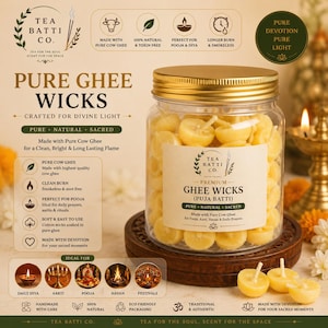 Cow Ghee Wicks / Ghee Diya Cotton Wicks for Puja Aarti Prayer Temple and Hindu Rituals / Traditional Indian Diya Batti / Teabattii