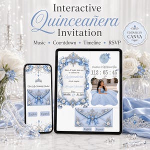 May include: An interactive digital Quinceañera invitation template displayed on a smartphone and tablet. The design features light blue and silver accents, a crown motif, an envelope graphic, a countdown timer, and text in English and Spanish.