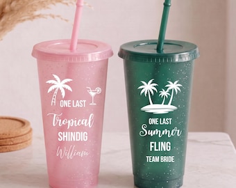 Gepersonaliseerde drinkbekers met deksel en rietje voor een vrijgezellenfeest op het strand, tropische beker voor koude drankjes, cadeau voor het aanzoeken van je bruidsmeisjes, bekers voor je bruidsmeisjes