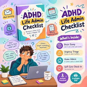 Peut inclure: Un livre ADHD Life Admin Checklist à la couverture colorée, entouré d'icônes pour le courrier, les rendez-vous et les factures. Une personne est assise à un bureau avec un ordinateur portable, un carnet Big Plans et une tasse.