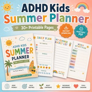 May include: A printable ADHD Kids Summer Planner set featuring a cover page with a sun, palm tree, and pineapple graphic, alongside daily plan, bucket list, and weekly activity plan pages. The design includes colorful text and icons.