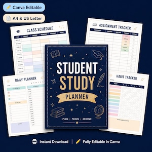 Puede incluir: Una portada de planificador de estudios azul oscuro con texto dorado e ilustraciones de estrellas, rodeada por cuatro páginas de planificador imprimibles que incluyen horario de clases, seguimiento de tareas, agenda y seguimiento de hábitos.