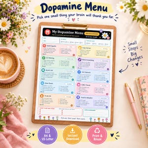 May include: A Dopamine Menu checklist on a clipboard with the text 'Pick one small thing your brain will thank you for.' The document features colorful sections for activities like Quick Sparks, Get Moving, and Slow Down, with checkboxes and floral icons.