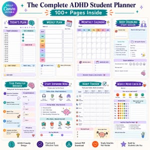 May include: The Complete ADHD Student Planner with 100+ pages inside, featuring colourful templates for daily schedules, weekly plans, monthly calendars, body doubling sessions, task paralysis breakers, study dopamine menus, habit trackers, and mood check-ins.