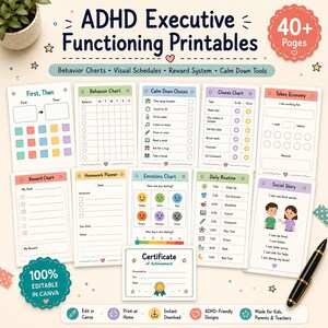 May include: A collection of ADHD executive functioning printable pages featuring behavior charts, visual schedules, reward systems, and calm down tools. The set includes 40+ pages with various templates like a chore chart, emotions chart, and daily routine, all designed with colorful icons and text.
