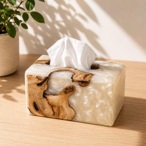 Handmade Wood Resin Tissue Box Cover – Modern Rustic Home Decor Organizer