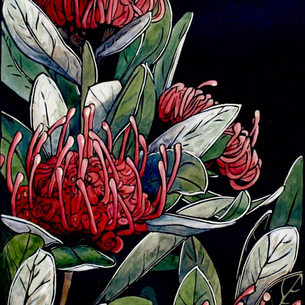Hand Painted Linocut, Tasmanian Waratah, Wildflower Lino Print, Original Art, Waratah Flower, Australian Flower