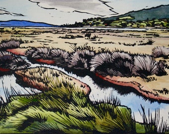 Original Linocut Print, Hand Painted Lino Print, Landscape Linoprint,  'Cygnet Wetands" Tasmanian Landscape