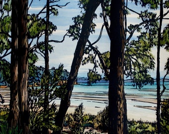 Original Hand Painted Linocut, Lino Print,  Australian Landscape, Beach Scape, Tasmanian Landscape