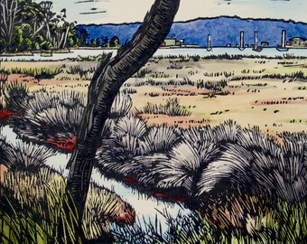 Original Linocut Print, Hand Painted Lino Print, 'Cygnet Sanctuary',  Tasmanian Landscape Linocut